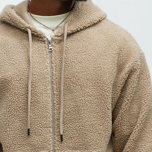 사용자 정의 다크 브라운 인조 모피 푹신한 후드 하이 퀄리티 빈 양털 겨울 전체 지퍼 업 후디 남성용 - Product Image 4