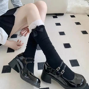 Medias <span class=keywords><strong>de</strong></span> pantorrilla negras con ribete <span class=keywords><strong>de</strong></span> encaje, lazo lateral, calcetines agrupados blancos, estilo colegiala japonesa, media pantorrilla dulce, verano fino con <span class=keywords><strong>Academia</strong></span> - Product Image 3