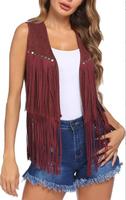 Veste sans manches en faux daim ethnique avec franges longues, style hippie des années 70, cardigan vintage, costume de cowgirl pour femme, idéal pour la performance