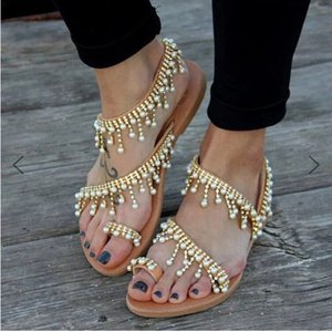 Sandalias Romanas Bohemias para Mujer, Talla Grande, Planas, con Pedrería, Punta Descubierta, Color Sólido, Antideslizantes, Ligeras, para Verano - Product Image 3