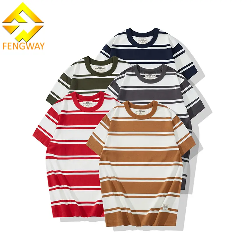 Fengway Kaus Longgar Leher-o Pria, Logo Kustom Kaus Longgar Lengan Pendek Kasual Motif Garis-garis untuk Pria