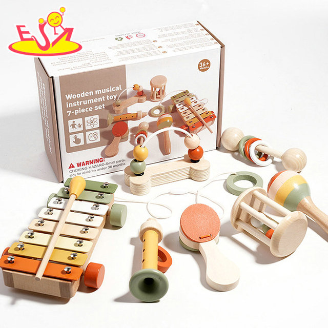 7PCS Wooden Musical Instrument Set with Xylophone, Maraca, Castanets for Kids W07A297