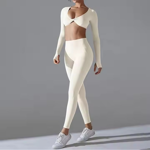 Vêtements d'entraînement de gymnastique personnalisés pour femmes, soutien-gorge de <span class=keywords><strong>sport</strong></span> à manches longues torsadé sur le devant et leggings de yoga, ensembles de fitness 2 pièces - Product Image 2