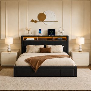 Cadre de lit rembourré Queen Size avec tiroirs de rangement, cadre de lit en métal avec éclairage LED et ports USB, ODM/OEM disponible - Product Image 1