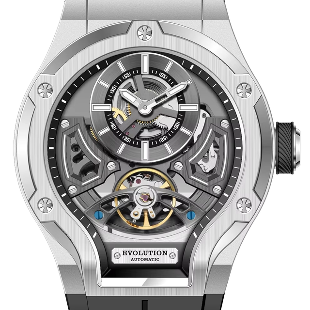 Modern Skeleton Automatic Mechanical Watch for Men, Stainless Steel & Rubber Strap