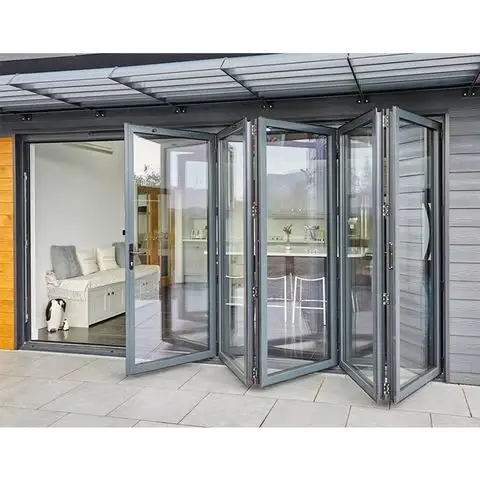 WANJIA, алюминиевые стеклянные наружные складные двери двойного сложения для внутреннего дворика, алюминиевые раздвижные складные двери с двойным остеклением