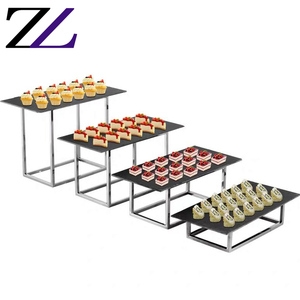 Plateau de service pour buffet de mariage en ardoise noire marbrée, plateau à dessert, plateau à cupcakes en acier inoxydable doré, présentoir à nourriture à 4 étages - Product Image 3