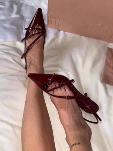 Wine Red Thin Belt Sandals High Heels for Dress Slingback Custom Pumps Women Shoes - Product Image 6