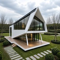 Maison modulaire de style conteneur avec structure en acier, terrasse sur le toit, escalier extérieur et espace de vie ouvert