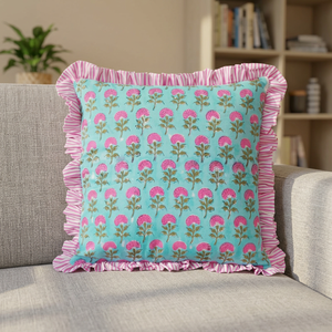 <b>Vintage</b> Floral Cotton Raffle Cushion Covers Bohemian Throw Pillows Handprinted Boho Trim <b>Sofa</b> <b>Bed</b> Pillow Cover Indian Cushion - Product Image 3