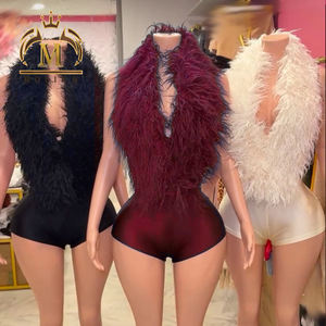 Trendy damesmode, strakke, rugloze, glanzende jumpsuit met bont, casual sexy club bodycon jumpsuit, dames jumpsuit in één stuk - Product Image 1