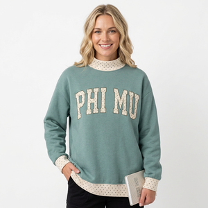 Sudadera de cuello redondo para mujer Phi Mu, color verde azulado con ribete de lunares, de algodón tejido transpirable, para invierno, con cuello simulado. - Product Image 1
