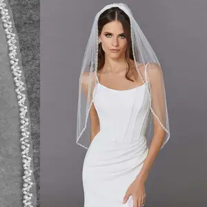 Muslim Wedding Veil Handmade Pearl Crystal Beaded Edge 1 Layer Fingertip Length Bridal Veil