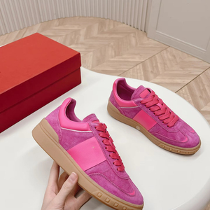 Baskets basses décontractées pour femmes en daim rose et cuir, à lacets, avec semelle en caoutchouc, style streetwear - Product Image 1