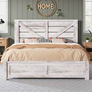 Base de Cama de Madera Maciza de Roble Estilo Rústico Francés con Cabecero Tapizado en Lino, Cama Plataforma Tamaño Queen/King para Dormitorio - Product Image 1