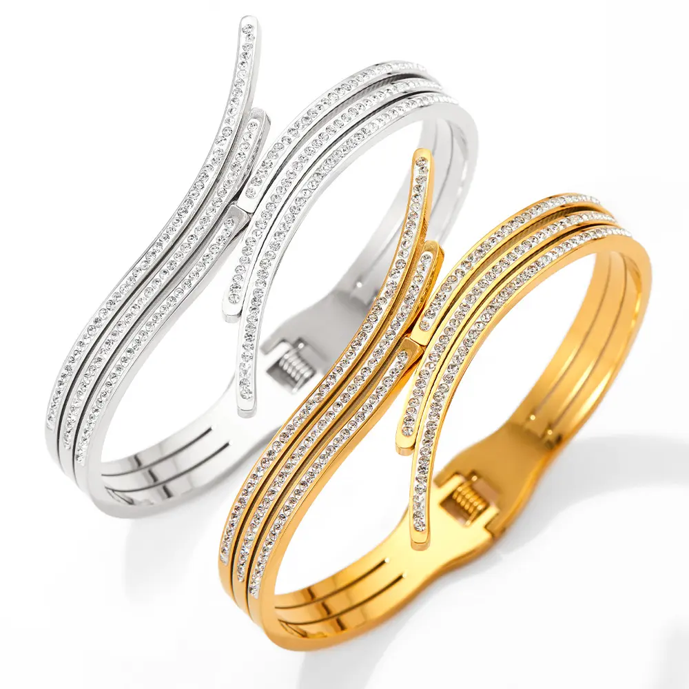 High Quality 18k Gold Plated Stainless Steel Jewelry Crystal Zircon Cuff Dislocation Open Bracelet