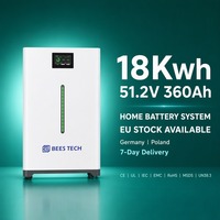 Système de batterie solaire LiFePO4 18 kWh 51,2 V 360 Ah avec plus de 10 000 cycles de charge, barre lumineuse LED et onduleur 20 kW pour maisonnette solaire, stock UE