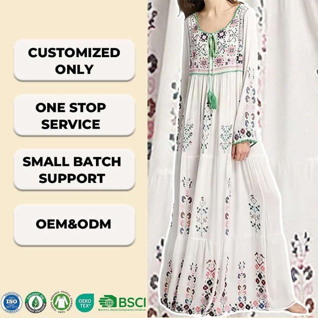 MANNI Women Vintage Bohemian Casual Maxi Dress Beach Wear Floral Embroidery Long Dresses