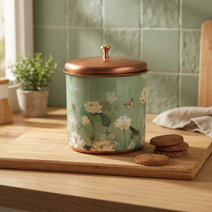 Boîte alimentaire ronde en métal avec couvercle, motif floral, couvercle en cuivre vert, pot de rangement pour la cuisine - Product Image 2