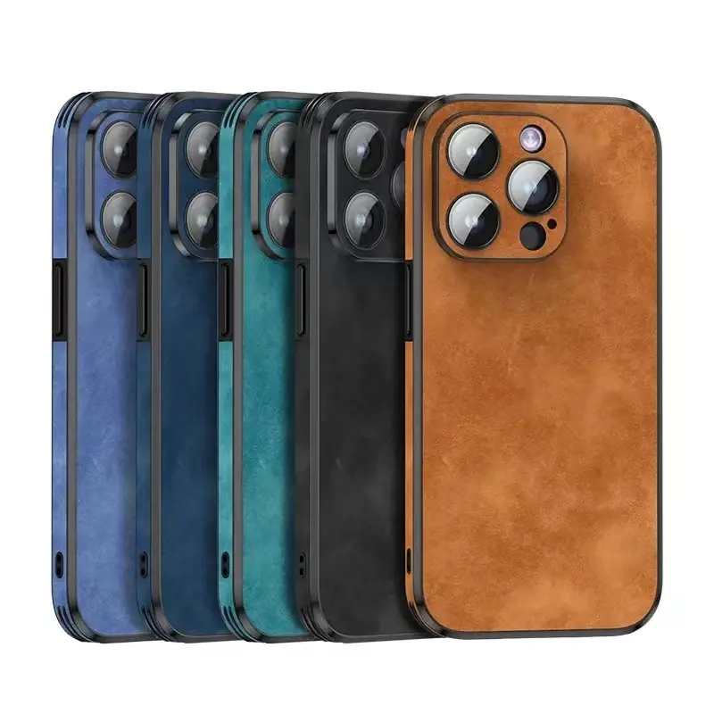 Proteção completa para câmera Sheep Skin Leather Bumper Phone Case para iPhone 15 Pro 13 12 14 Pro Max Business Shockproof Cover