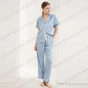 FUNG 6028 kadın pijama set kısa kollu saten pijama düğme Up 2-Piece Pjs salonu setleri