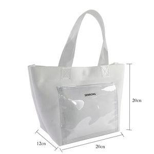 Sac fourre-tout portable d'été pour la plage et l'extérieur, imperméable, avec logo personnalisé, en toile cirée blanche, à double poignée, pour le shopping, en PVC épais enduit - Product Image 6