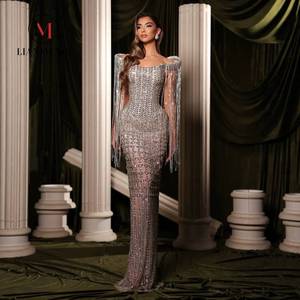 LM D234 <strong>Silver</strong> Natural High Neck Floor-Length Lace Crystal Beaded Mermaid Anti-Wrinkle Evening Gown Sheer <strong>Skirt</strong> for Formal - Product Image 1