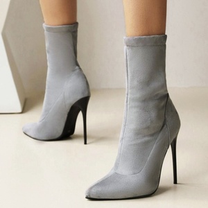 Stivaletti a Stiletto con Tacco Alto, Tomaia in PU <span class=keywords><strong>Scamosciato</strong></span> <span class=keywords><strong>Elasticizzato</strong></span>, Sexy Stivali Corti da Donna, Tacco Sottile, Taglia Grande fino al 48 - Product Image 1