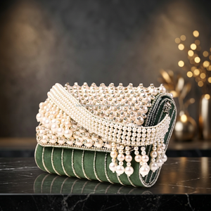 Elegante Bolso de Mano de Terciopelo Verde de la Mejor Calidad con Decoración de Perlas para Fiestas Nocturnas - Product Image 2