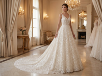 Tissu de dentelle en maille écologique blanc ivoire de luxe, bord festonné, brodé à la machine, orné de perles et de sequins, pour mariage et mariée