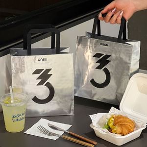 Custom Eco-Friendly Biodegradable Recyclable <b>Mirror</b> Bright Silver Card Personalized Commercial <b>Paper</b> Bag Bakery Takeaway - Product Image 1