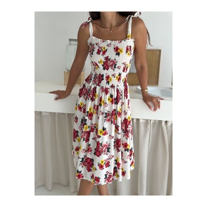 Women's Floral Print Summer <b>Dress</b> Viscose Fabric Ruched Bodice Midi Length S M L XL Casual Wear - Product Image 1