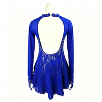 Robe de patinage artistique bleu roi à manches longues, col en V, dos ouvert, avec strass et jupe de performance