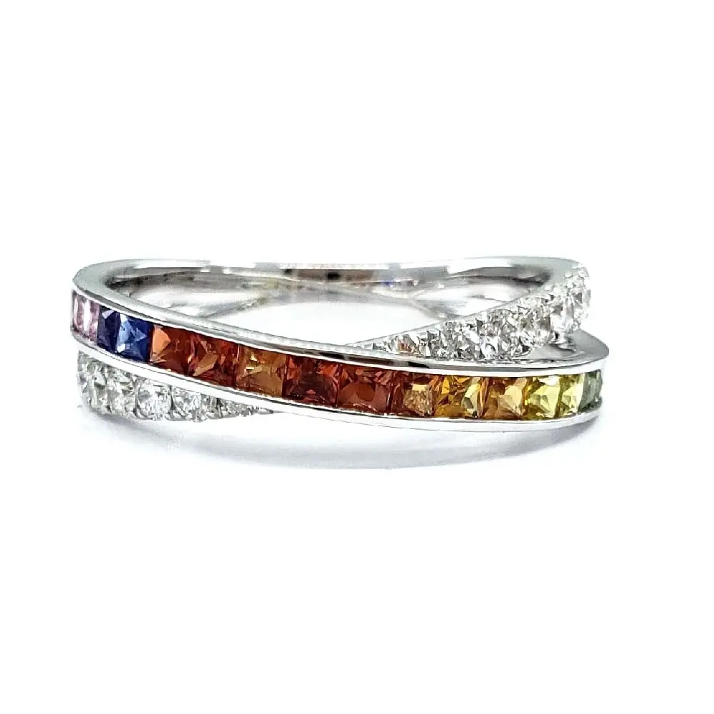 Fine Jewelry Elegant Factory Jewelry 18k White Solid Gold Real Diamond Muti Colour Gemstone Cross Wedding Band Ring For Women