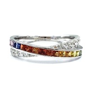 Bijoux fins, bague de mariage en or blanc massif 18 carats, saphir taille princesse, pierres précieuses multicolores, croix, pour femme, tendance, pour les fêtes