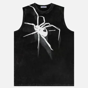 Vintage Street Spider Alphabet Print Suede Vest Men's Fashion Brand Loose Summer Sleeveless T-shirt
