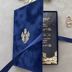 Caja de Invitación de Boda Rígida de Terciopelo de Lujo, Reciclable, con Papel de Arte, Tarjeta Acrílica, Lámina Dorada, Borla y Cinta, Embalaje Personalizado Reutilizable - Product Image 1