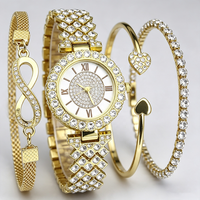 Ensemble de bijoux de luxe 4 pièces pour femme : montre à double lunette en cristal, cadran à chiffres romains, bracelet jonc cœur infini et bracelet tennis