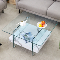 Table basse moderne multifonctionnelle à double plateau Aibike, en verre trempé et structure métallique, avec tiroirs pour le rangement dans le salon