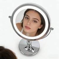 Miroir de maquillage à double face avec éclairage LED, finition chromée argentée Art Déco, commande tactile, grossissement 5X