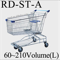 Chariot de courses pliable pour supermarché asiatique avec verrou à monnayeur, en zinc, plastique et acier, capacité 50-130 kg, rouge/bleu