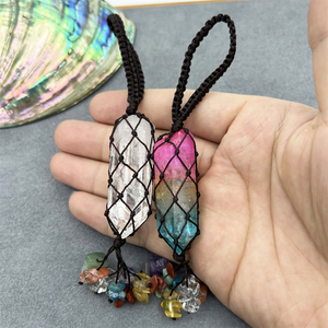 <strong>Wholesale</strong> Natural Rainbow Aura Quartz Clear <strong>Crystals</strong> Healing Point Stone Seven Chakra Pendants Hand Woven Tassel Car Hanging - Product Image 3