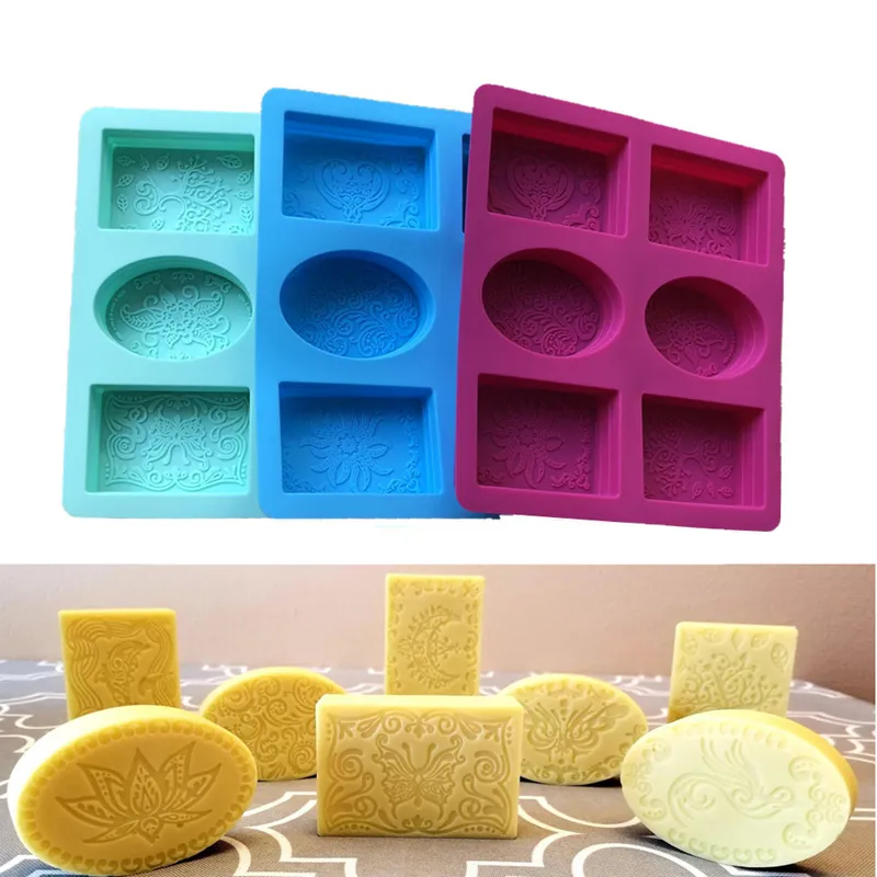 DM519 6 Cavities Rectangular Oval Flower Tree Pattern Bar Soap Molds Silicone Soap Making Tools DIY Handmade Supplies