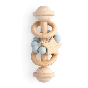 1 Pieces Beech Wooden Ring Baby Rattle Toys For Babies 0-6 And 6-12 Months With Chew Silicone Beads Teething Teether