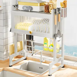 Kitchen sink shelf Dish drain rack with cabinet door Storage Adjustable  dustproof bowl and plate kitchen