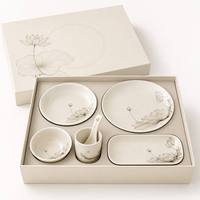 Service de table en mélamine de qualité alimentaire, tons terreux, motif lotus, assiettes et bols marron beige style peinture à l'eau chinoise pour usage domestique quotidien CE