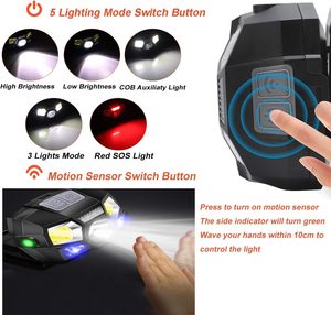 Linterna frontal recargable 5 modos Luz roja Sensor <span class=keywords><strong>de</strong></span> movimiento 5 modos <span class=keywords><strong>de</strong></span> iluminación IP65 Resistente al agua Litio-Ion USB - Product Image 6