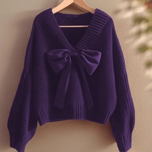 Maglione Corto da Donna con Scollo a V, Fiocco Grande Frontale, Maniche a Lanterna, Lavorazione a Nastro, Pullover in Maglia Rosso Vino, Maglione Festivo Invernale, Top, Vendita all'Ingrosso - Product Image 4