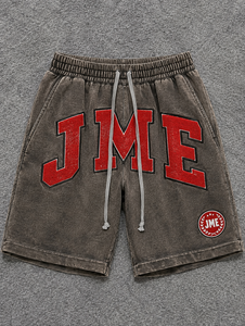 กางเกงขาสั้นเบอร์มิวด้าผ้าฝ้ายซักสำหรับผู้ชาย JME พิมพ์ลายตัวอักษร มีเชือกผูกเอว สไตล์ลำลอง สตรีทแวร์ สีเทาแดง ปักโลโก้ - Product Image 1