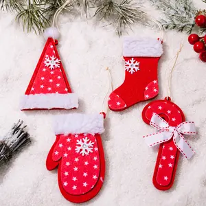 3pc/套红色圣诞丝袜帽子拐杖靴手套挂树挂件圣诞装饰品家居装饰